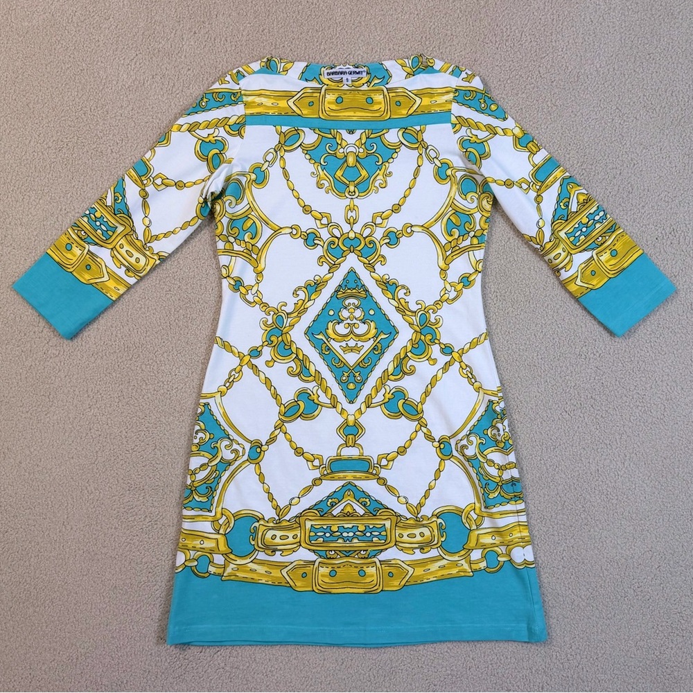 NWOT Chain-Print Shift Dress in White, Teal, & Gold
